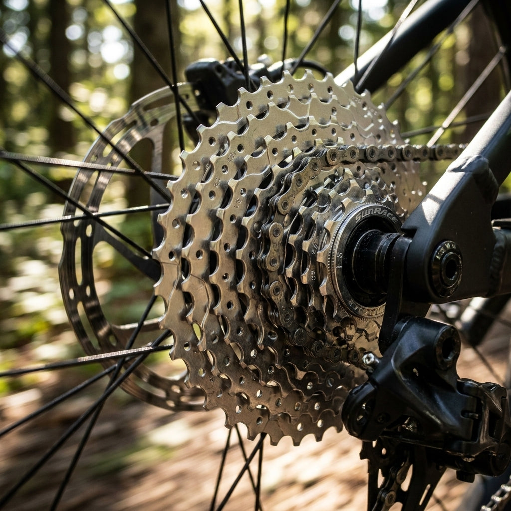 SunRace 9-fach E-Bike Freilaufkranz 13-32Z Fluid Drive Plus an Fahrrad-Hinterrad im Wald.
