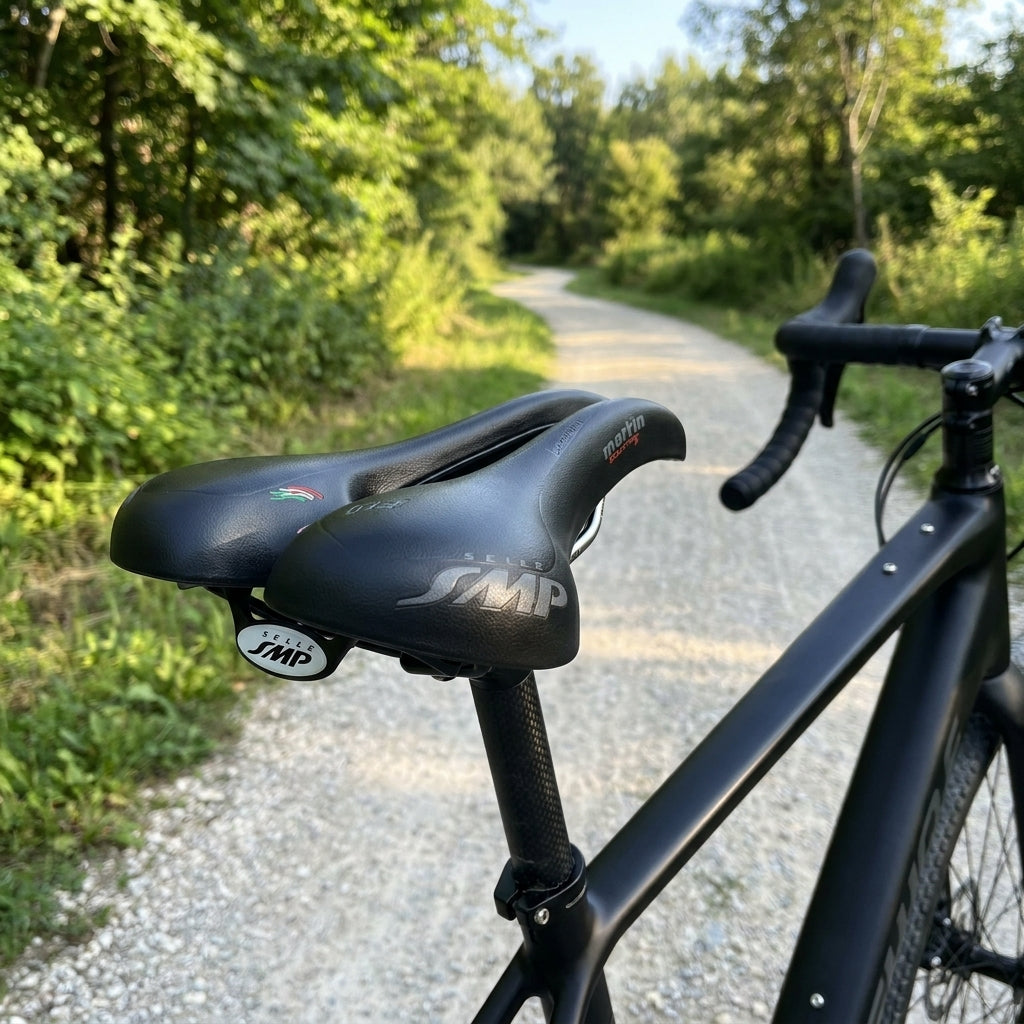 Selle SMP Martin Touring Medium Gel Sattel schwarz auf einem Fahrrad vor Schotterweg-Hintergrund.