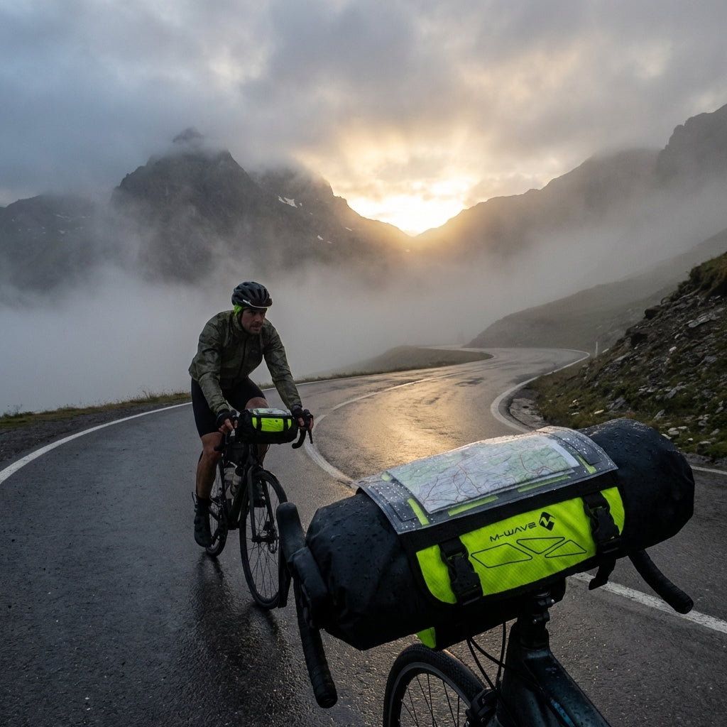 M-Wave Bikepacking Lenkertasche neongelb 10L, 100% wasserdicht, reißfestes Ripstop-Gewebe. Ideal für Radtouren.