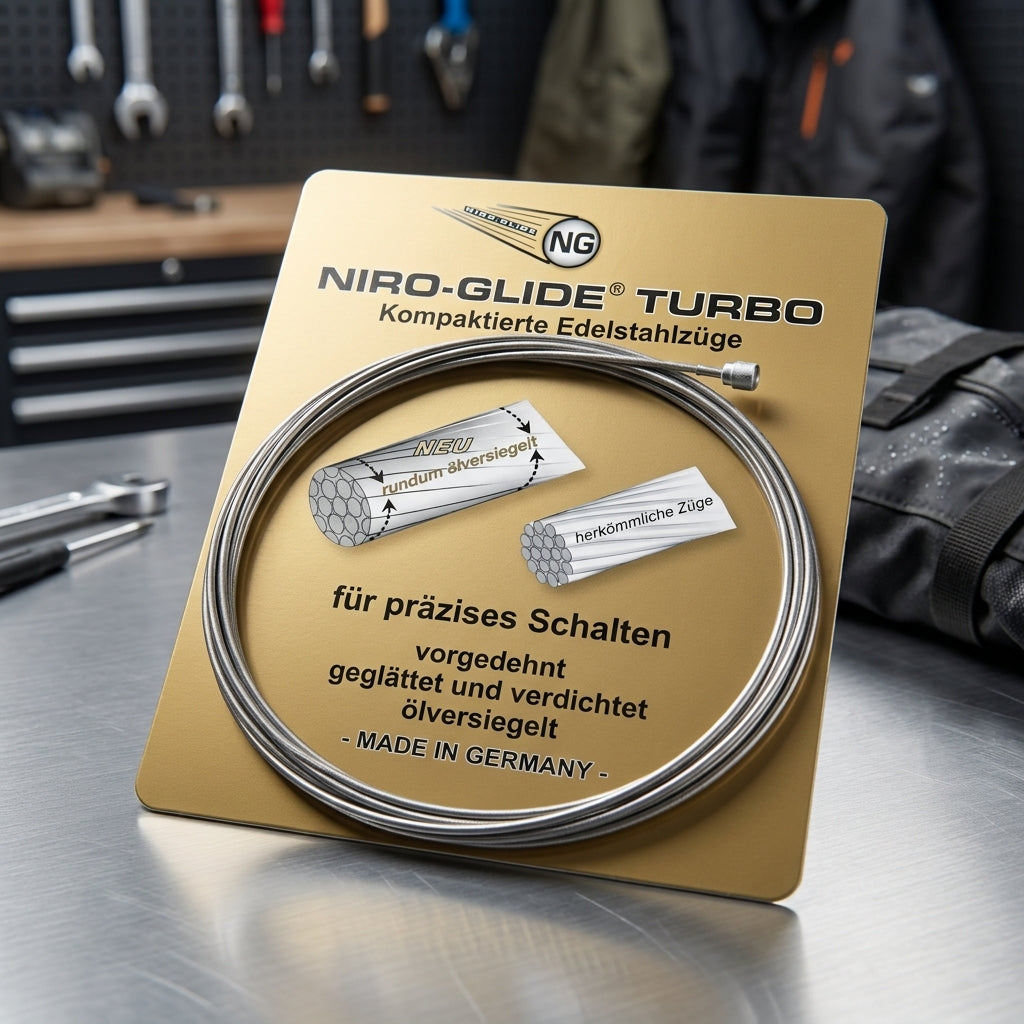 Fasi Niro-Glide Turbo Edelstahl-Schaltzug für präzises Schalten, ölversiegelt, Made in Germany.
