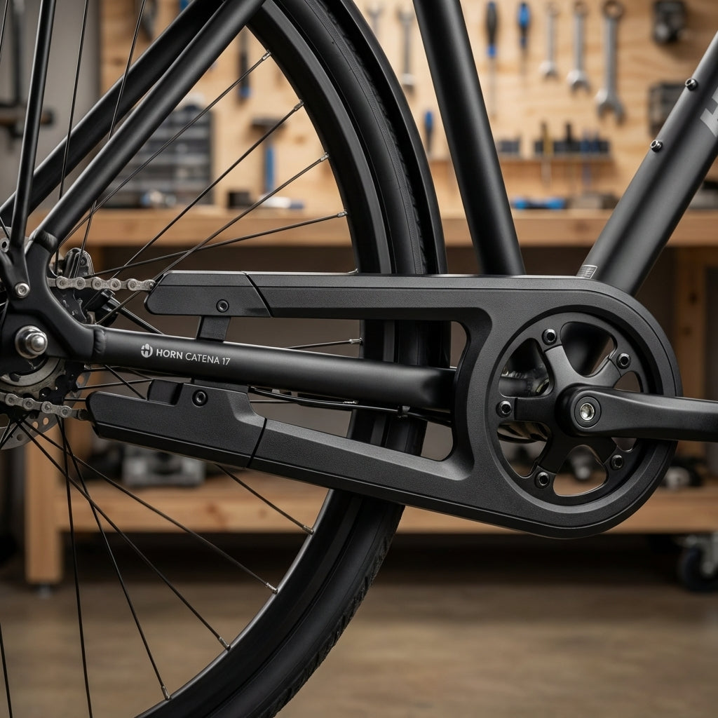 Horn Catena 17 Kettenschutz schwarz 1-flügelig für 42/44 Zähne am Fahrrad montiert.