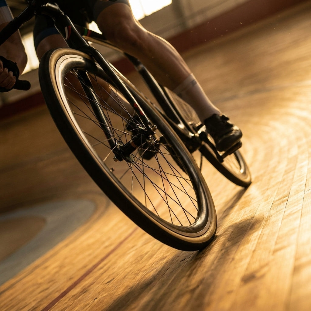 Radfahrer mit Vittoria Pista Speed Bahnreifen tubular 23 tan/black auf Velodrom für maximale Geschwindigkeit.