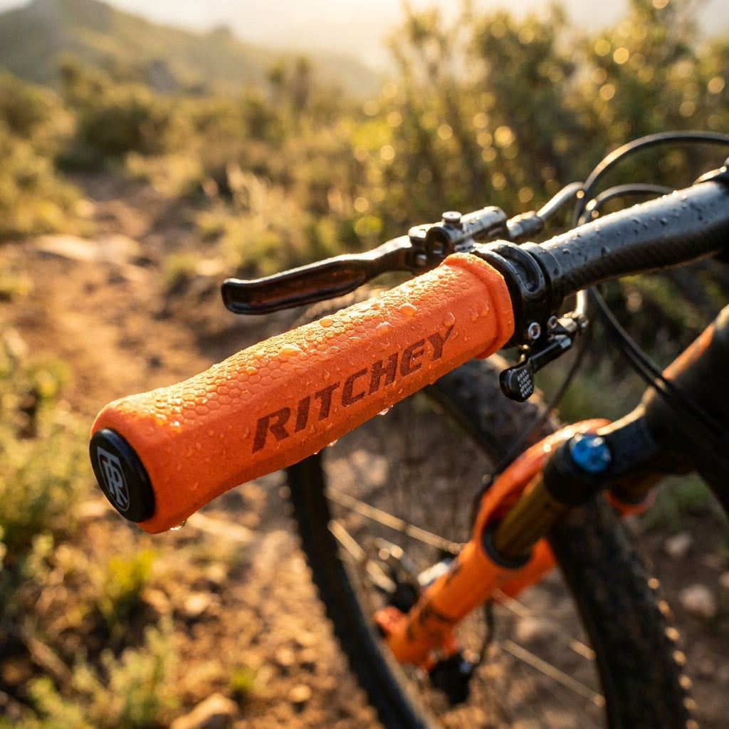 Oranger Ritchey WCS Truegrip Fahrradgriff am Mountainbike-Lenker, mit Wassertropfen in sonniger Natur.