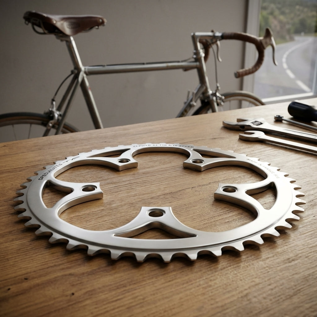 TA Kettenblatt Zéphir 44Z silber Ø110 9/10-f. auf Holztisch mit Werkzeug, Rennrad im Hintergrund.