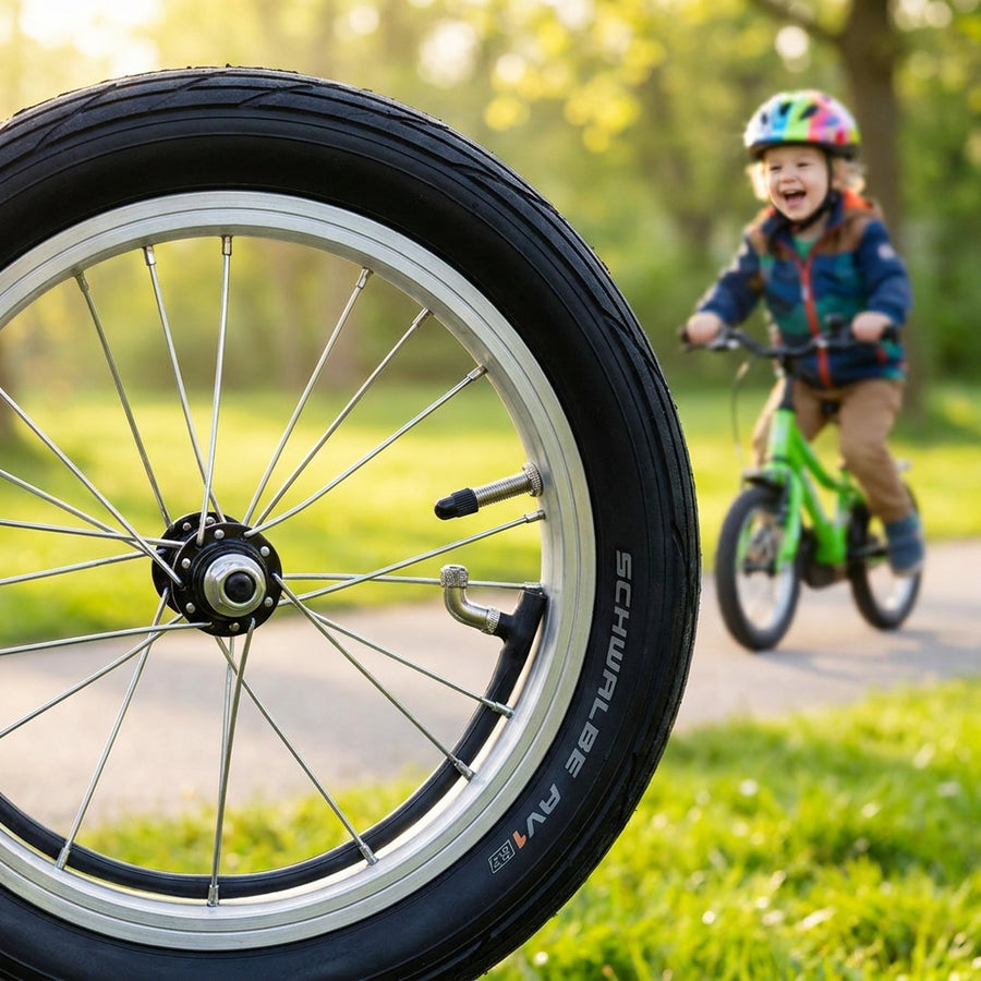 Schwalbe Schlauch AV1 für 12 Zoll Kinderfahrräder. Hochwertiger Butylschlauch mit 45° Autoventil für langlebigen Fahrspaß.