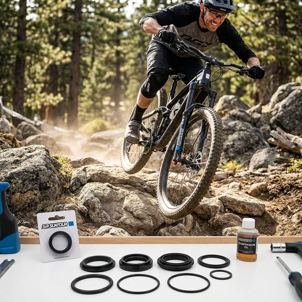 SR Suntour Air Seal Kit Durolux36/Boost: Dichtungen für Federgabelwartung mit Mountainbiker im Hintergrund.
