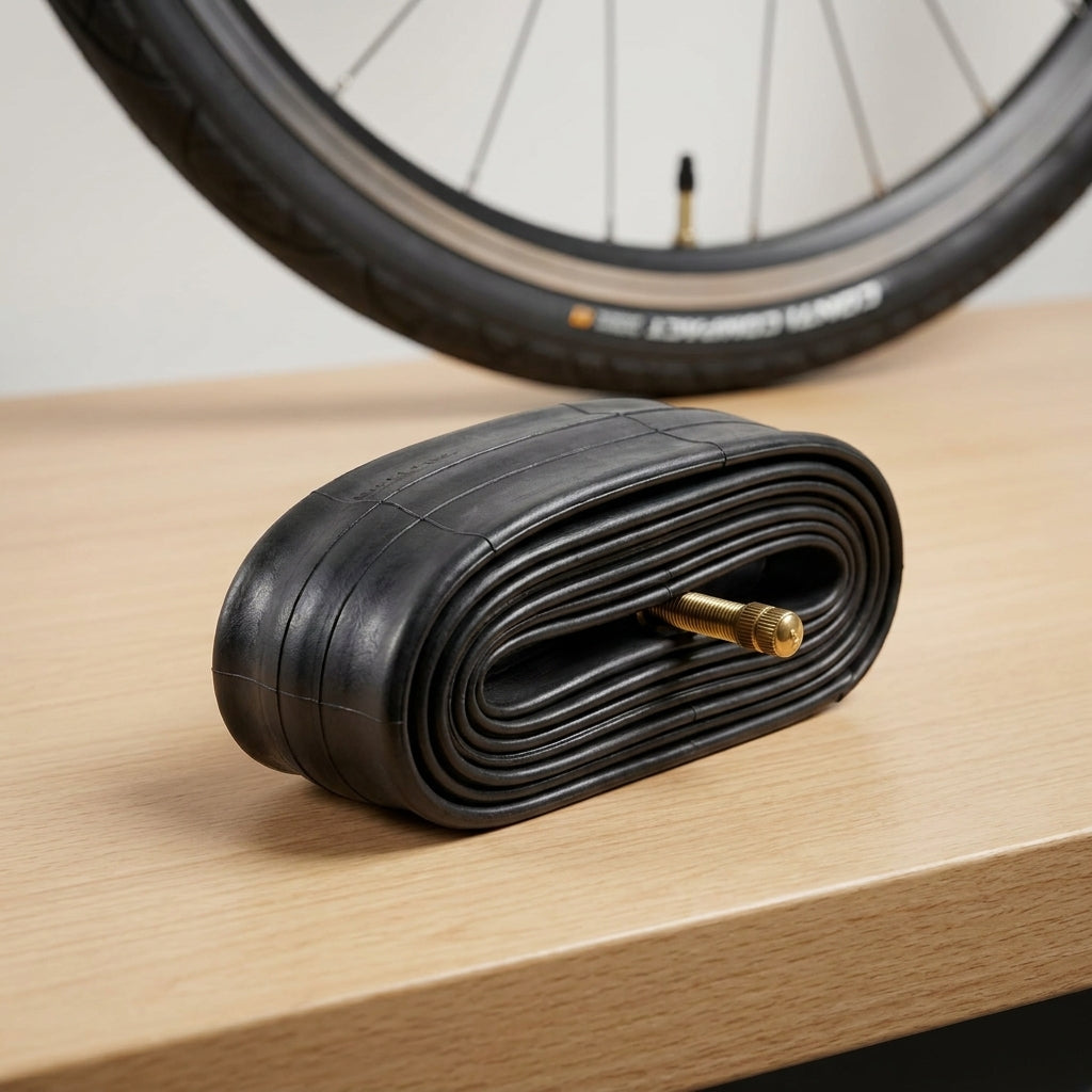 Continental Fahrradschlauch Conti Compact 20 wide 20x1.90/2.125" DV 40mm auf Holztisch vor Fahrradrad.