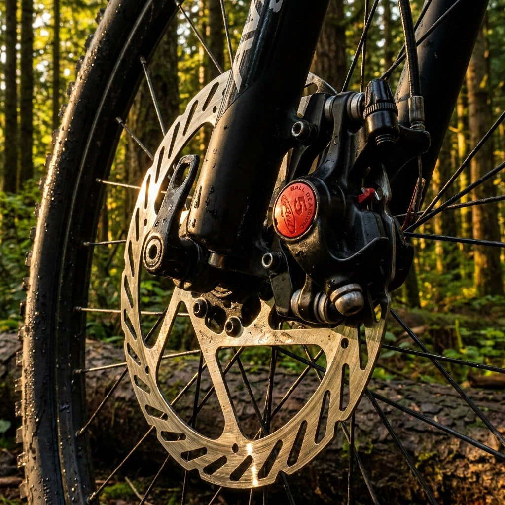 Avid BB5 MTB mechanische Scheibenbremse seidenschwarz mit 160mm Scheibe am Vorderrad im Wald.