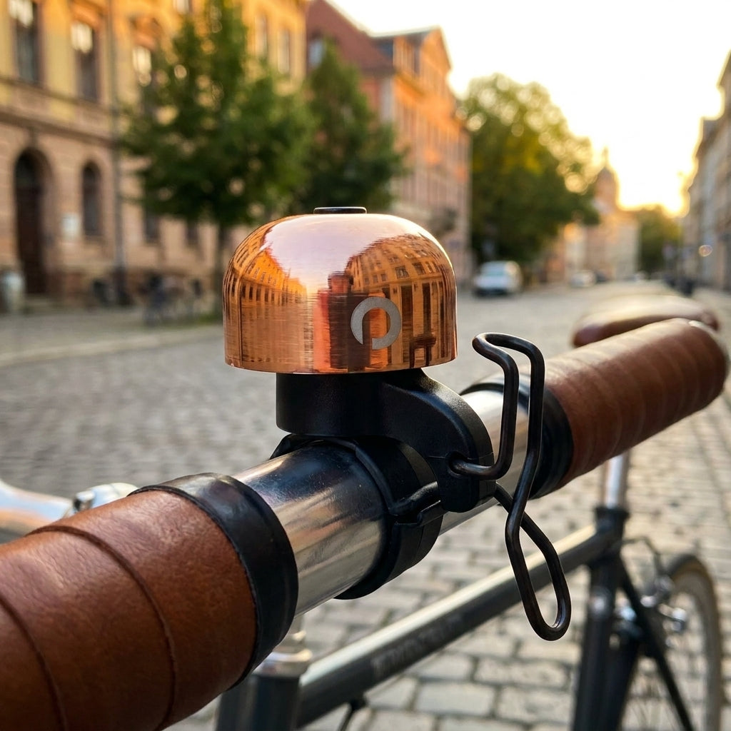 Procraft DIN-Dong Ultimate Fahrradklingel aus Kupfer auf Lenker, stilvoll & laut, mit Stadt im Hintergrund.