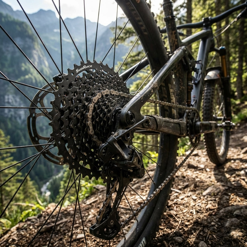 SunRace Kassette CSMS3 TAY 10-fach 11-42 Zähne auf Mountainbike-Antrieb im Gelände mit Bergpanorama.