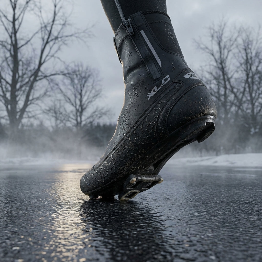 XLC Rennrad-Winterschuh CB-R07 schwarz auf nasser Winterstraße mit Wassertropfen und Cleat.