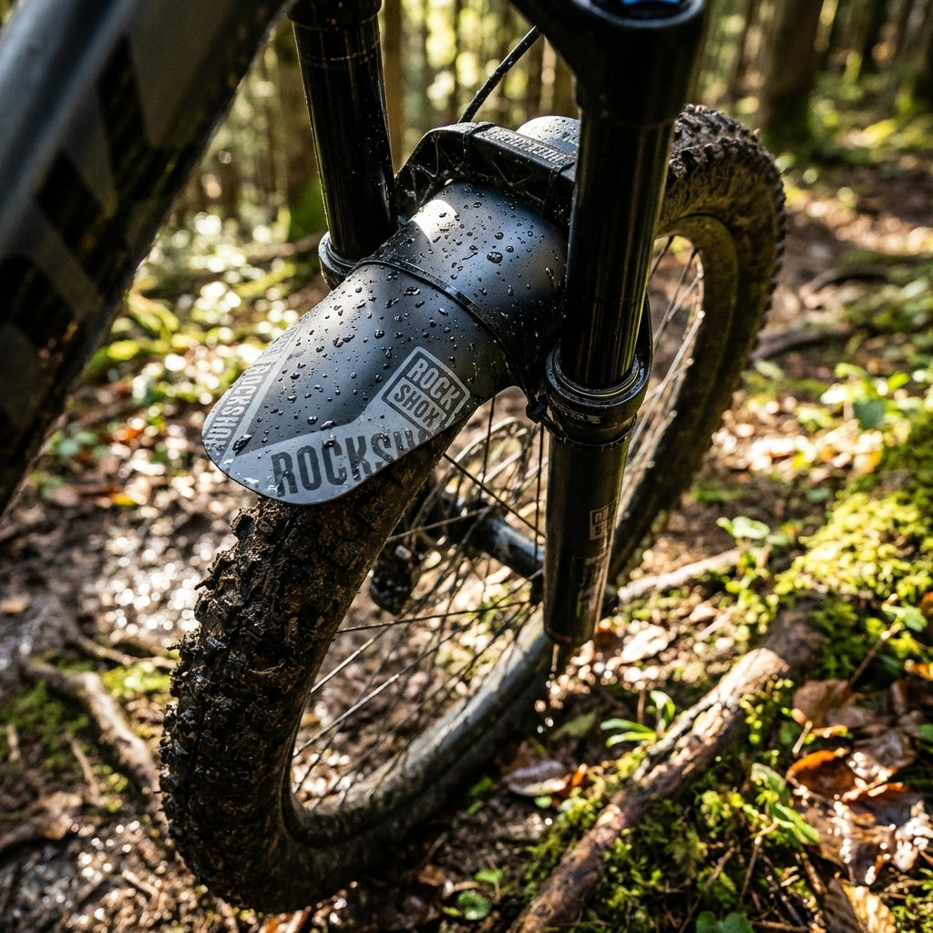 Rockshox VR-Steckblech Fender schwarz gray Putty am Mountainbike-Vorderrad, schlammig und nass im Wald.