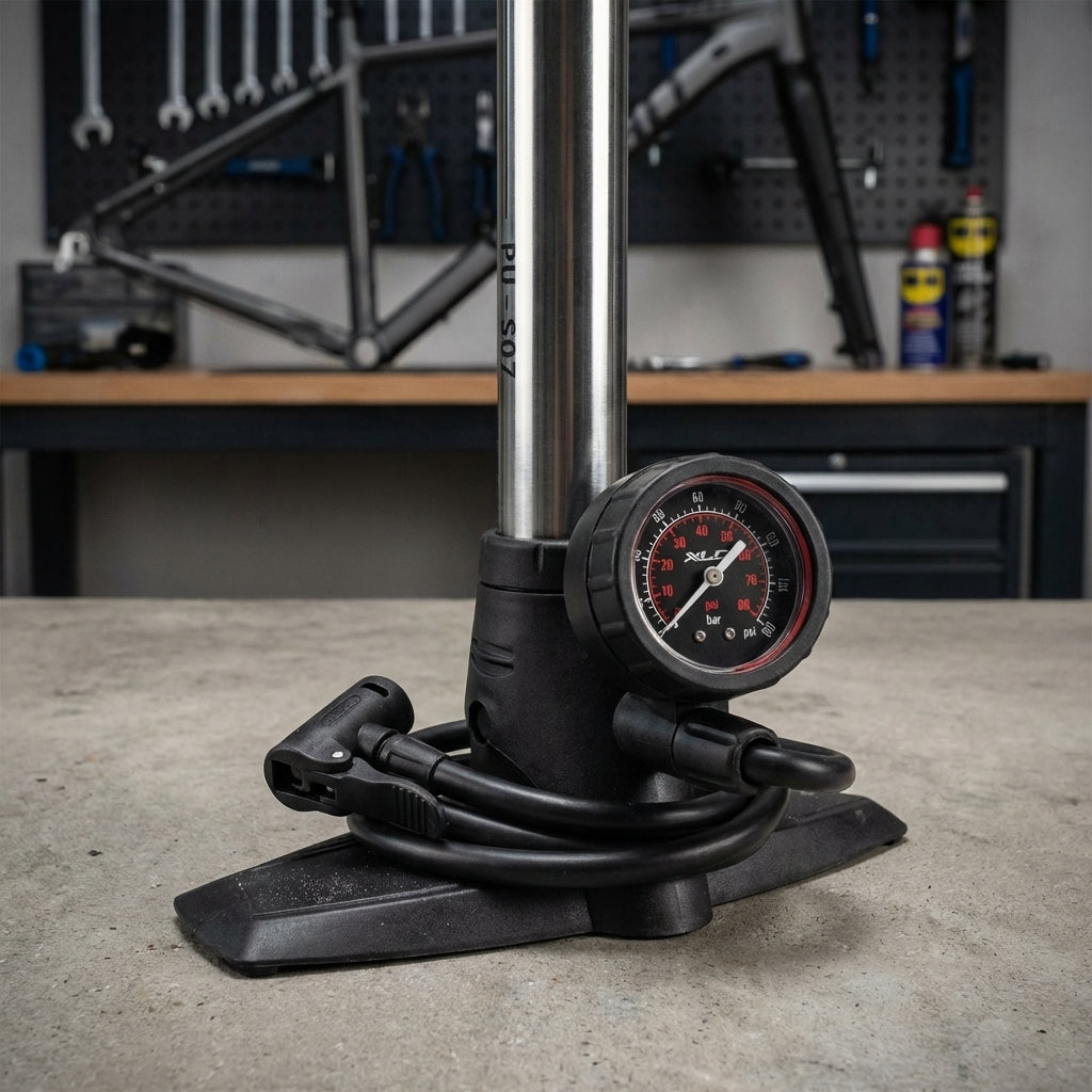 XLC Standpumpe Delta PU-S07 schwarz, 11 bar, mit Dualkopf & Manometer für Fahrradreifen.