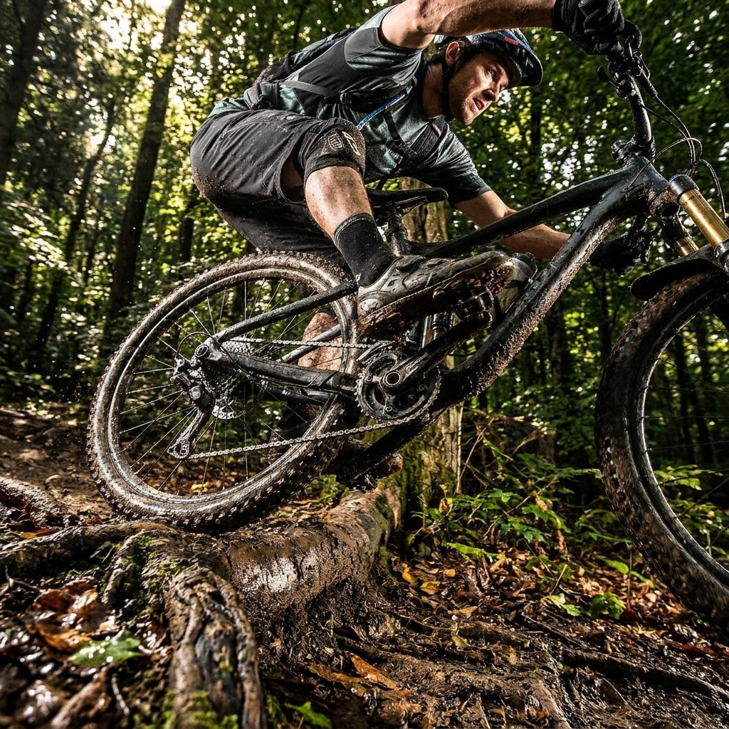 SHIMANO DEORE FD-M6025 Umwerfer am Mountainbike in Aktion auf schlammigem Trail im Wald.