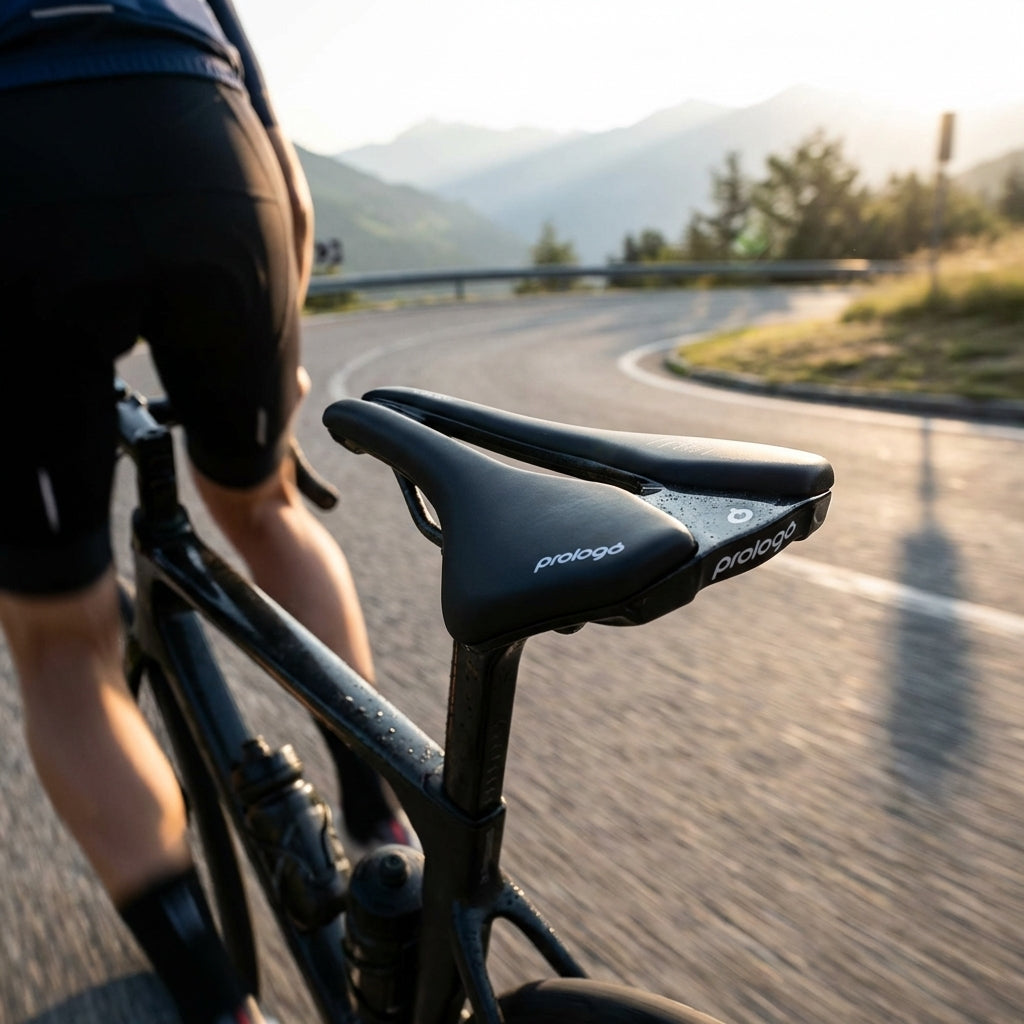 Prologo Nago R4 PAS Sattel 147mm schwarz, leicht für Radfahrer, auf Rennrad fahrend in den Bergen.