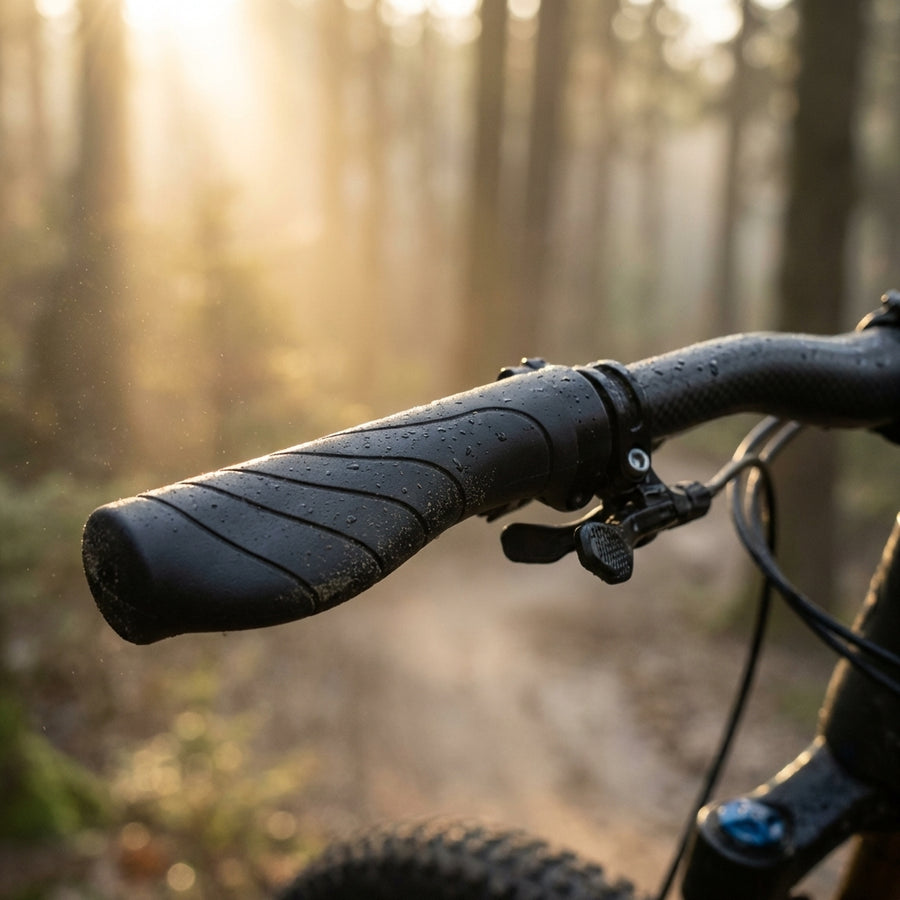 Ergotec MTB-ATB Kyoto Griffe schwarz, mit Wassertropfen auf Fahrradlenker im sonnigen Wald.