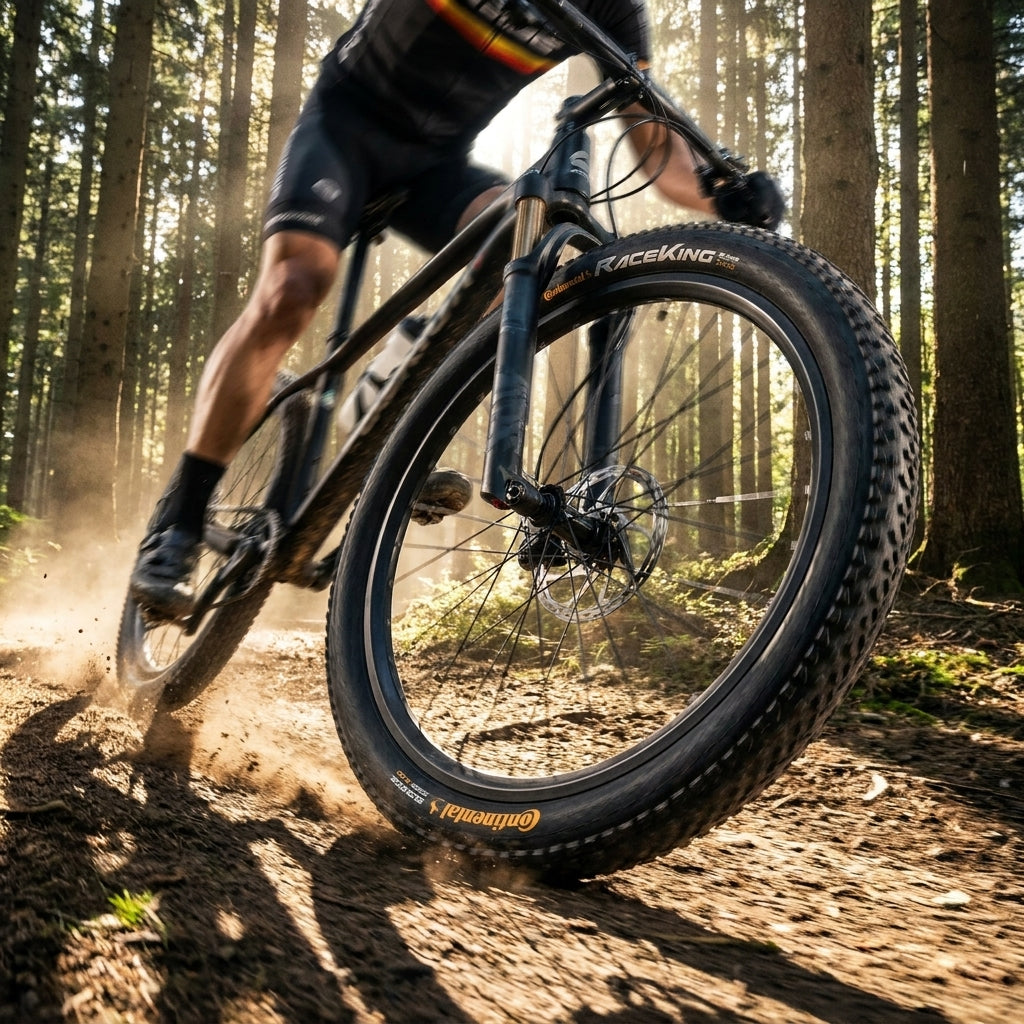 Continental Race King Mountainbike Reifen 27,5x2,00 Zoll schwarz in Aktion auf Waldweg.