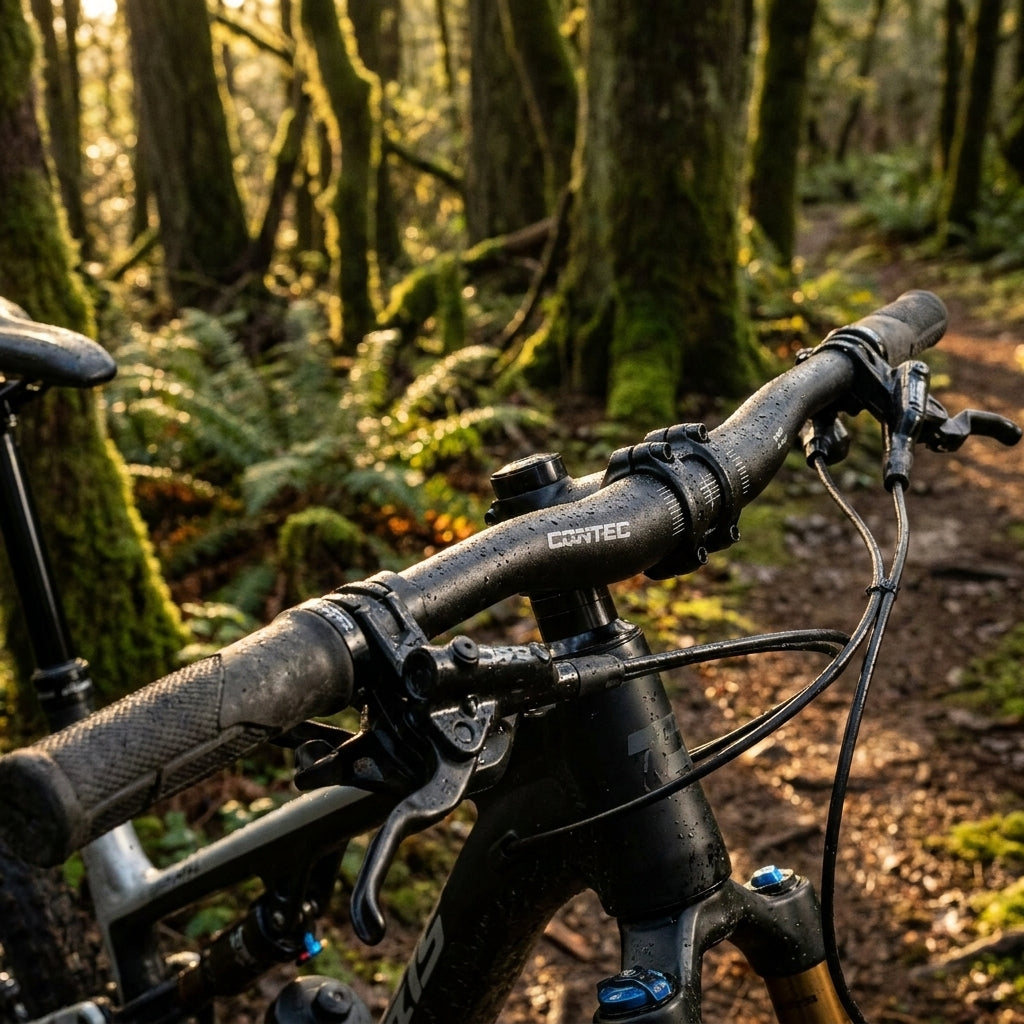 Schwarzer Contec Lenker Moab am Mountainbike mit Wassertropfen im sonnigen Wald.