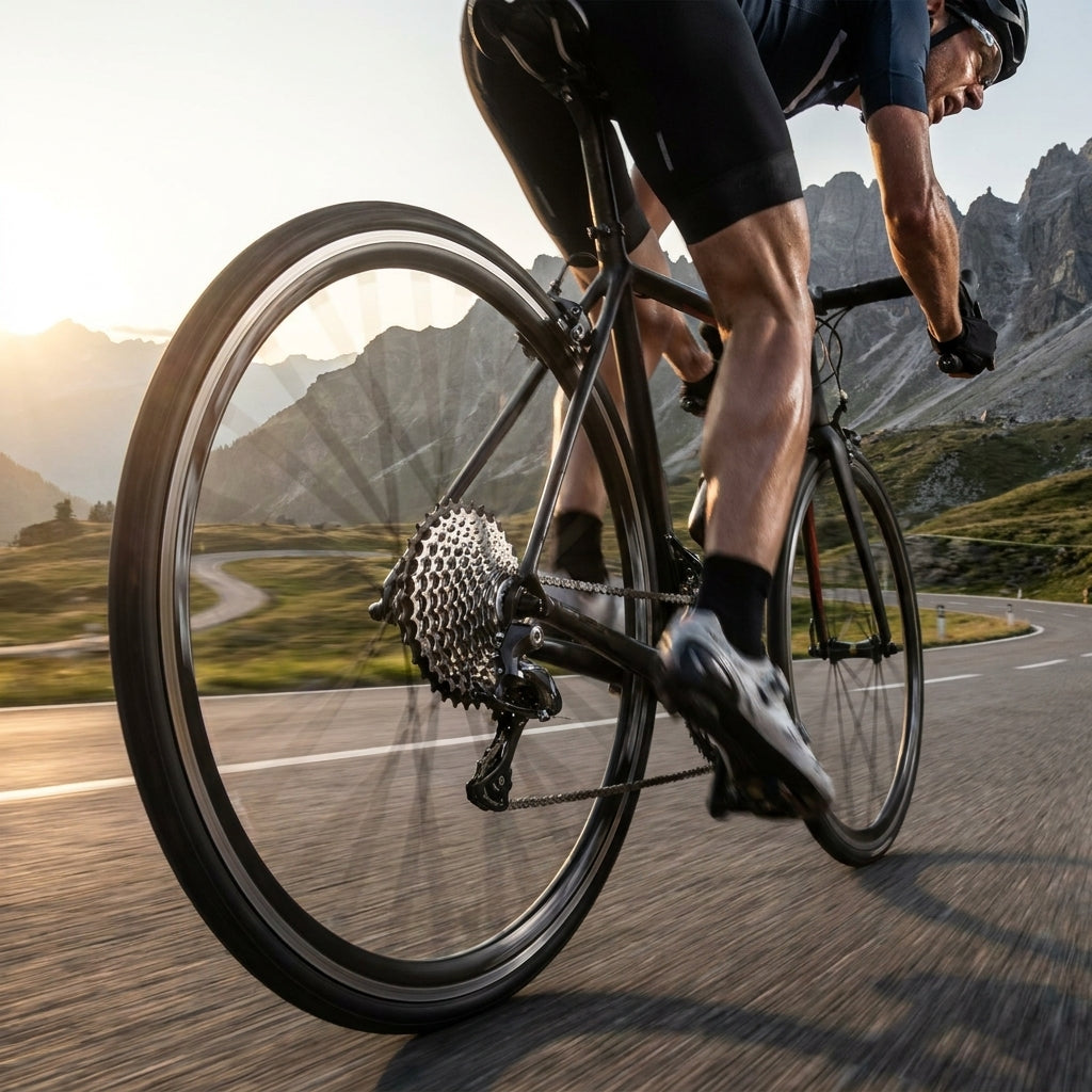 XLC Zahnkranz-Kassette 11-fach Shimano Xtralight am Rennrad eines Radfahrers auf Bergstraße.