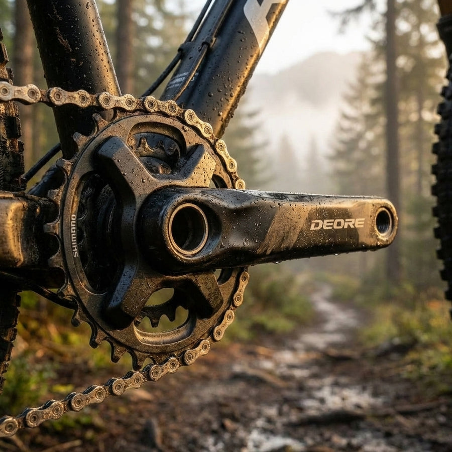 Nahaufnahme Shimano Deore Kettenblatt FC-M617/660 22 Zähne an einer Kurbel montiert auf einem sonnigen Waldweg.