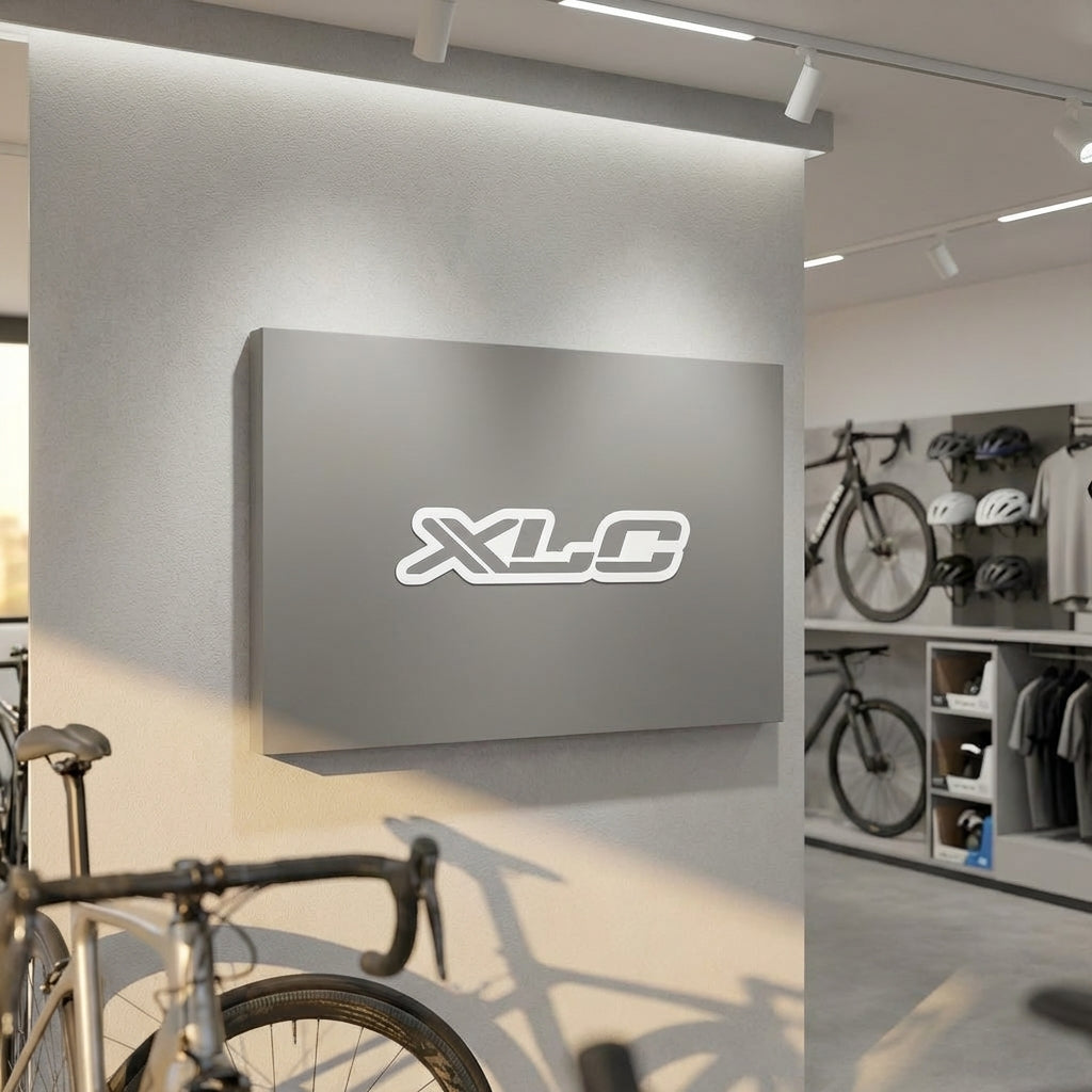 XLC Aufkleber weiß/grau für Shopwand. Professionelles Logo-Branding auf Schaumplatte. Ideal für Fahrradgeschäfte, Showrooms.