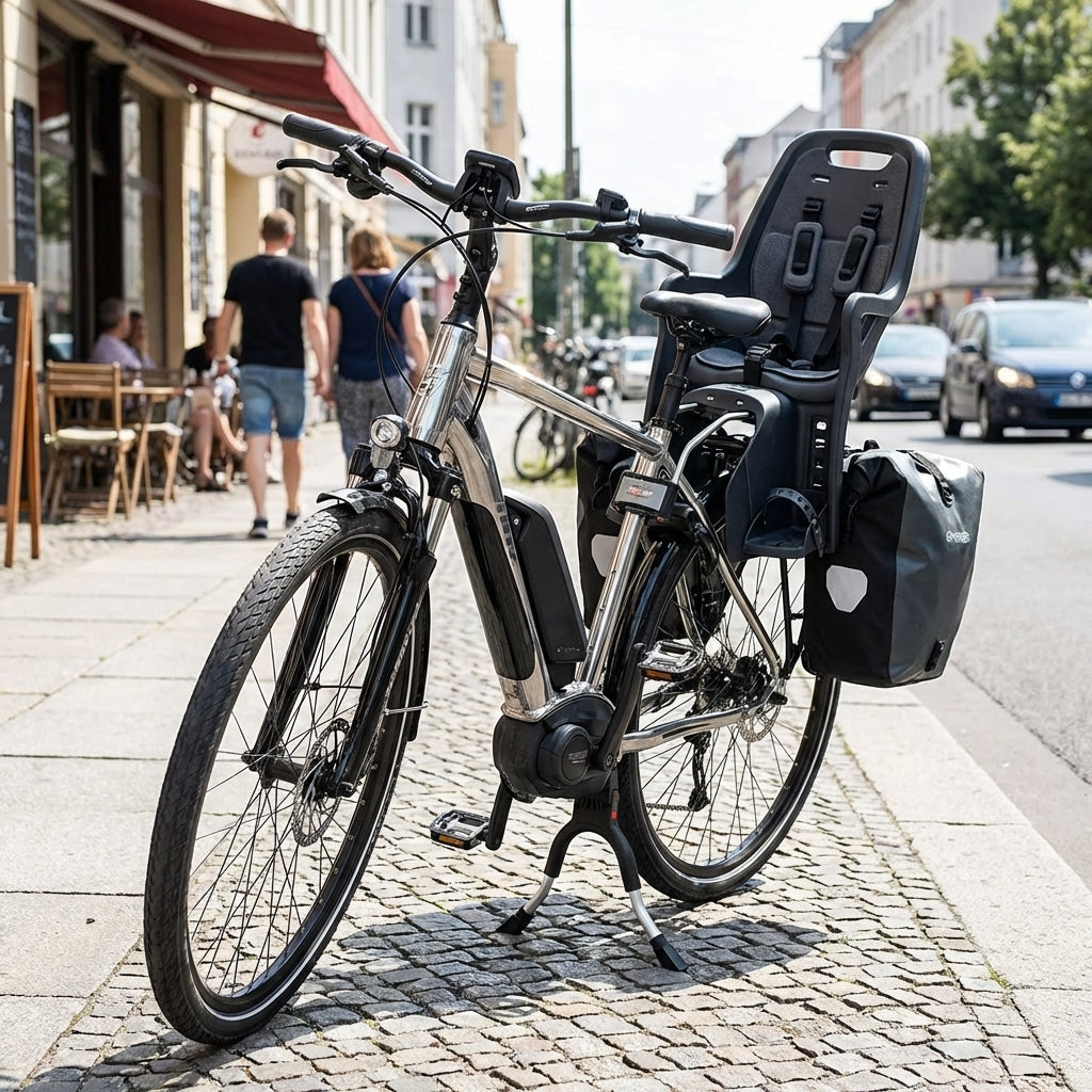 Hebie lite REX Zweibeinständer schwarz an E-Bike mit Kindersitz und Taschen, geparkt auf Kopfsteinpflaster.