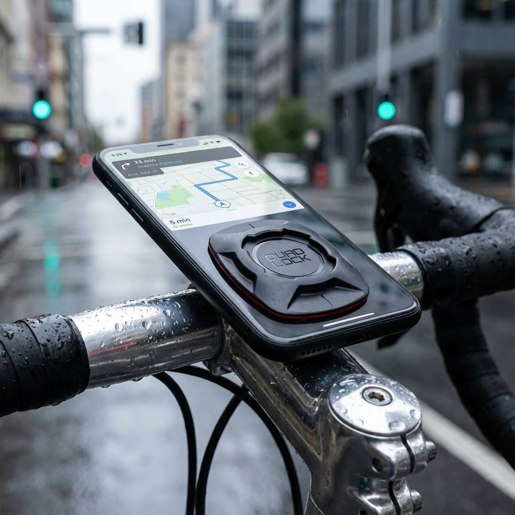 Quad Lock Universal Adapter V3 schwarz auf Smartphone am Fahrradlenker. Navi-App im Regen, 3M VHB Klebepad, Twist-Lock kompat