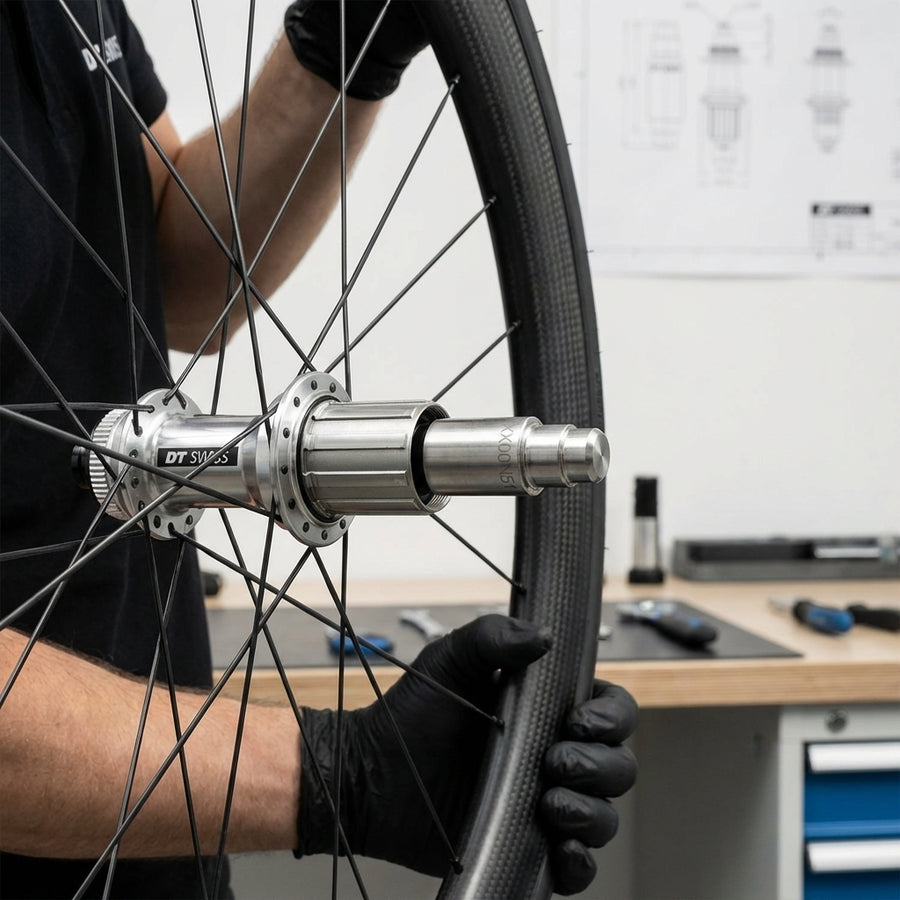 DT Swiss 18mm Achsdemontagewerkzeug im Einsatz an einer Nabe eines Carbon-Fahrradlaufrads.