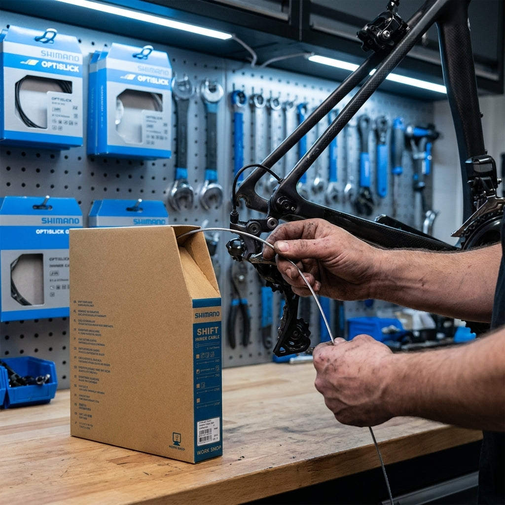 Shimano Optislick Schaltzug (Werkstatt-Bulk-Pack) wird von Mechaniker an Fahrrad montiert.