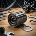 SHIMANO Freilaufkörper DEORE FH-M590/595 mit Fahrradwerkzeugen und Nabe auf Holztisch.