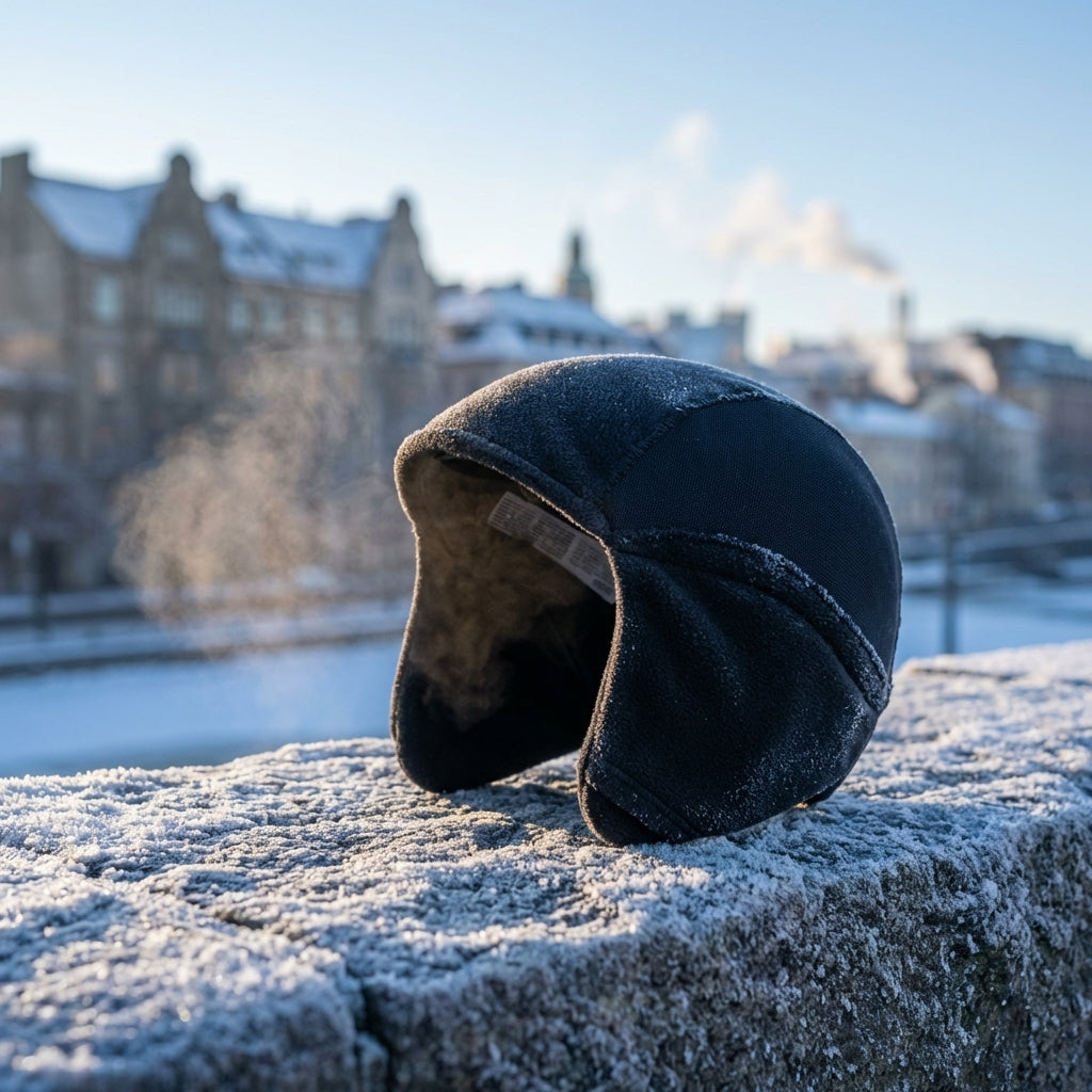 ABUS Winter Kit Helmmütze schwarz M auf frostiger Mauer. Vliesmütze mit Ohrenschutz für kalte Temperaturen.