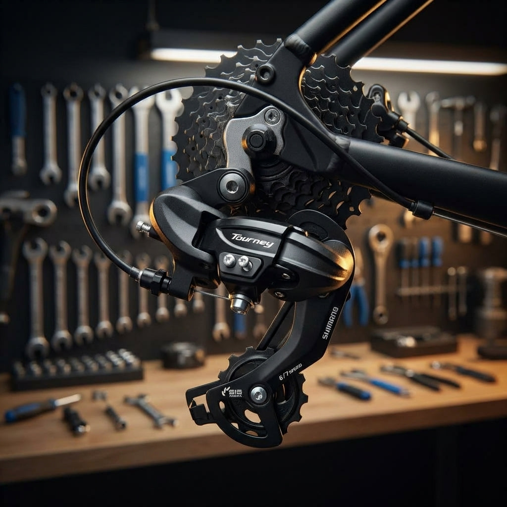 Shimano Tourney RD-TY300 6/7-fach Schaltwerk Direct Mount Long Cage montiert an einem Fahrrad in einer Werkstatt.