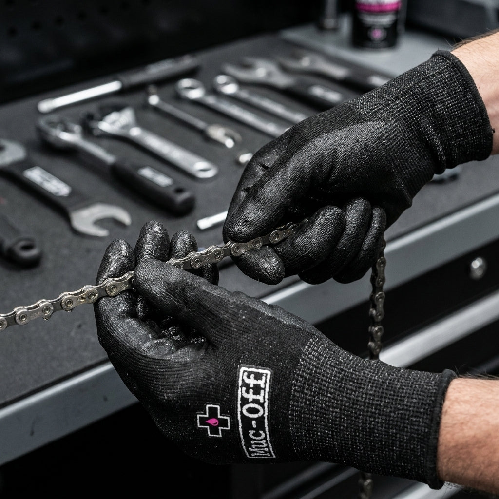 Muc-Off Schnittschutz-Mechanikerhandschuhe schwarz an Händen, die eine Fahrradkette in der Werkstatt halten.