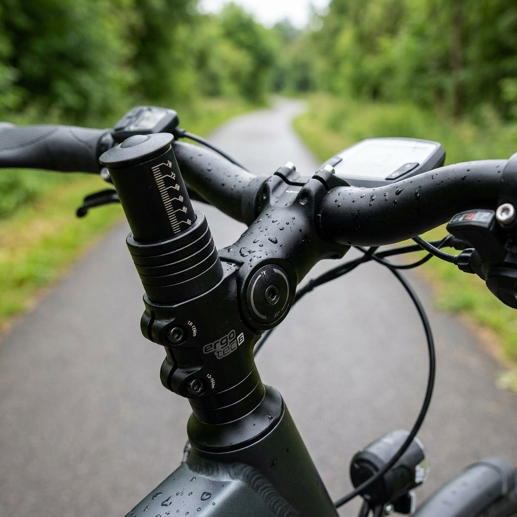 Schwarzer Ergotec Ahead 3 Vorbau-Adapter, höhenverstellbar, montiert an E-Bike Lenker mit Wassertropfen.