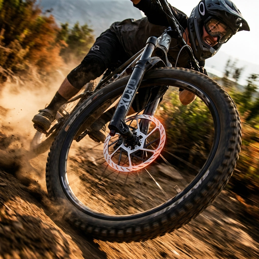 SRAM HS2 Bremsscheibe 220 mm Centerlock glüht rot am Mountainbike beim Downhill-Fahren.