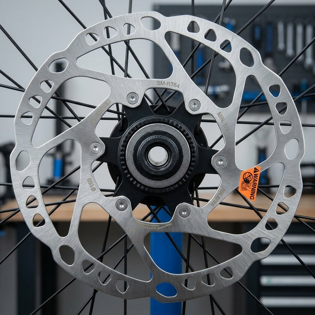 SHIMANO Bremsscheibe SM-RT64 160mm mit Magnet-Verschlussring auf einem Fahrradlaufrad montiert.