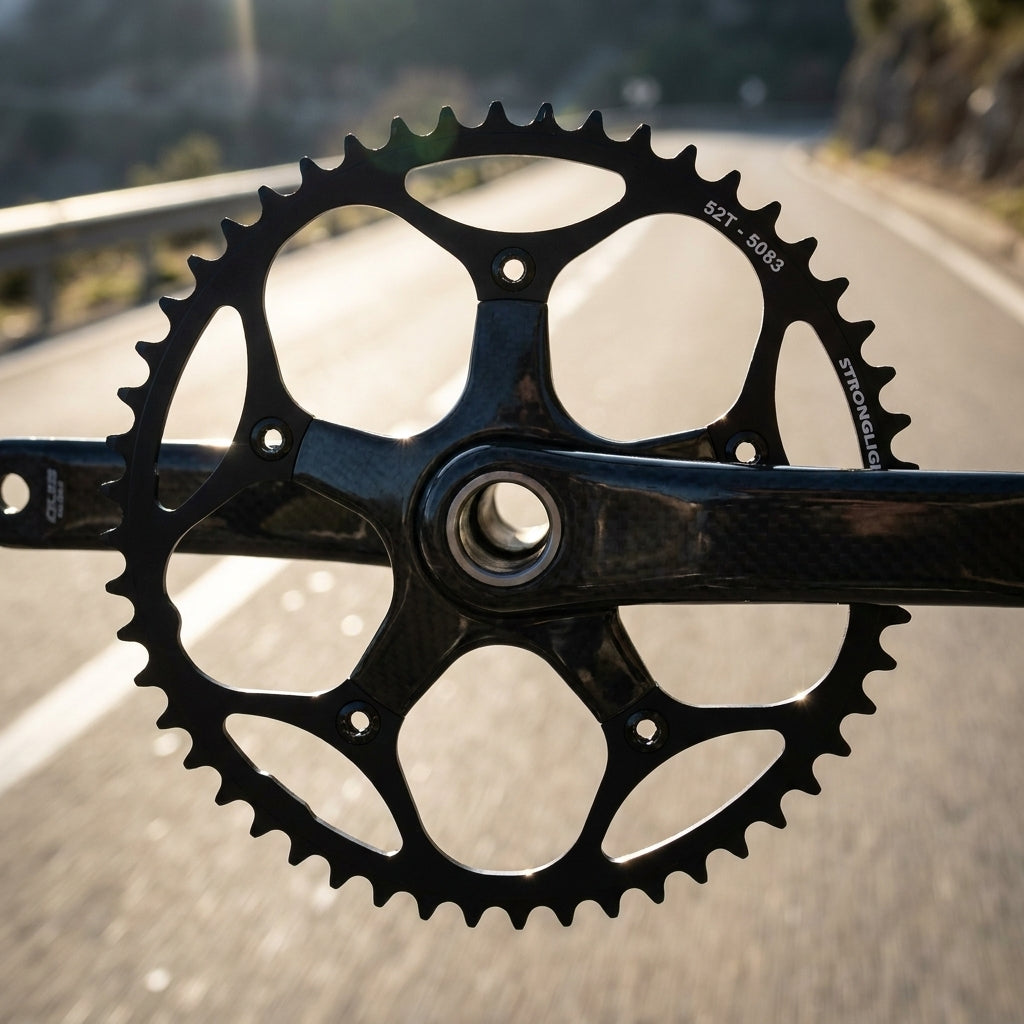 Stronglight Rennrad Kettenblatt 52T, schwarz, an Carbon-Kurbel montiert.