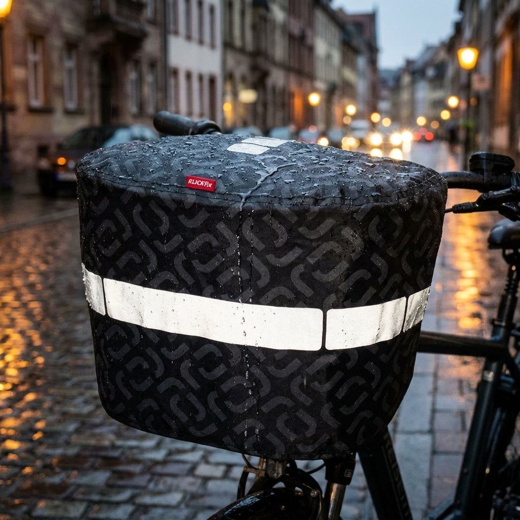 Schwarze KLICKfix Regenschutzhülle für Reisenthel Bikebasket mit Reflektoren wasserdicht verschweißt für Fahrradkörbe.