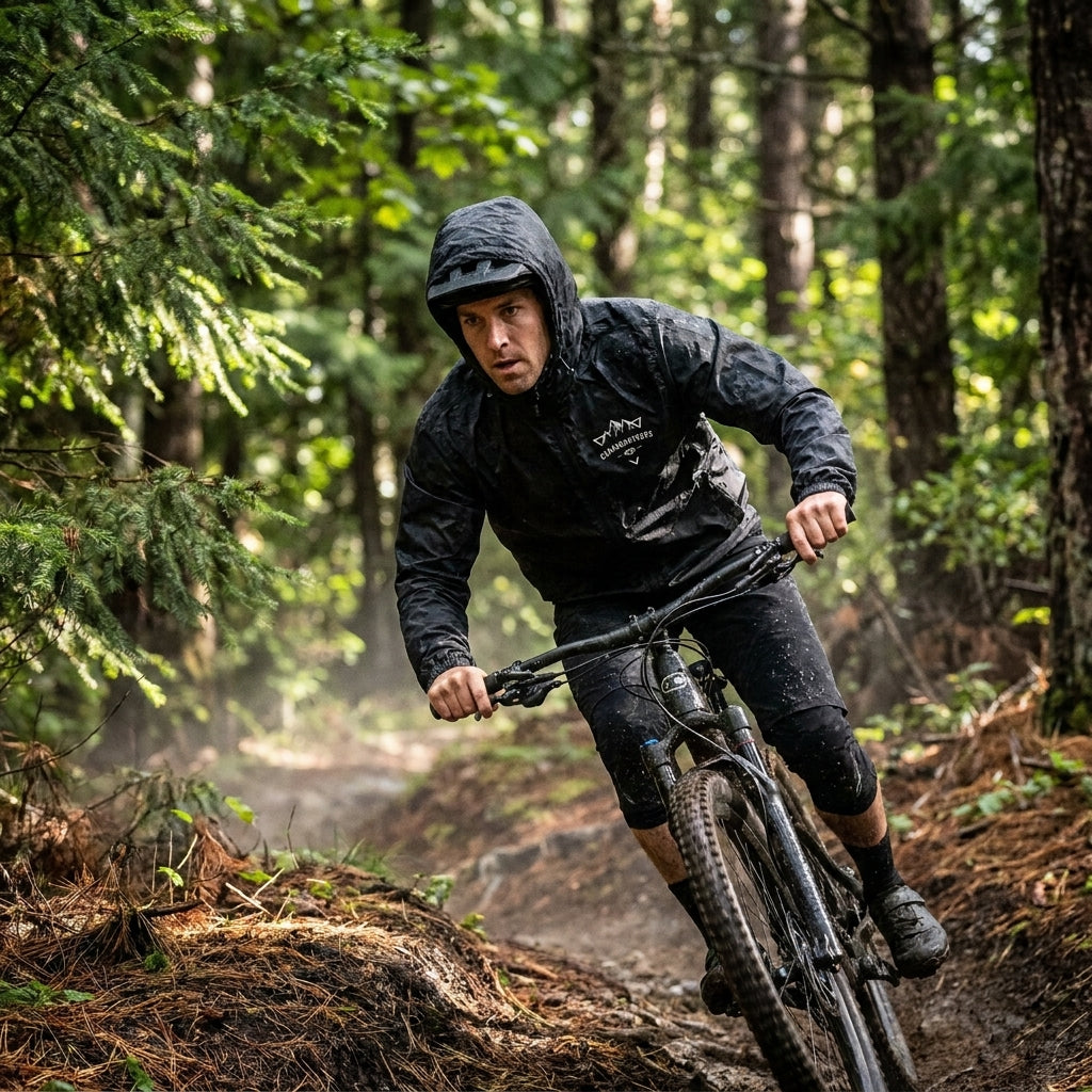 Crankbrothers Mountain Windbreaker Range Herren Größe M schwarz beim Mountainbikefahren im Wald.