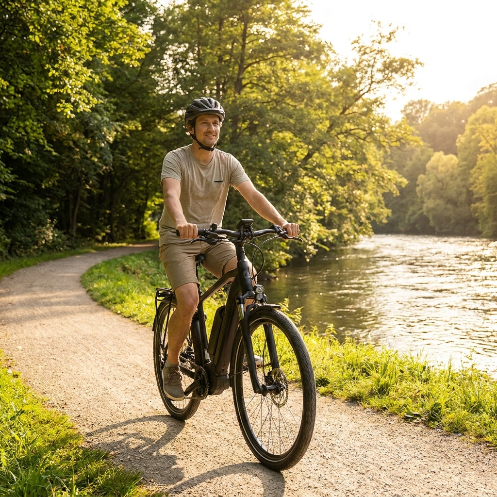 Mann fährt E-Bike mit Ergotec Ahead 3 Vorbau-Adapter auf sonnigem Weg am Fluss.