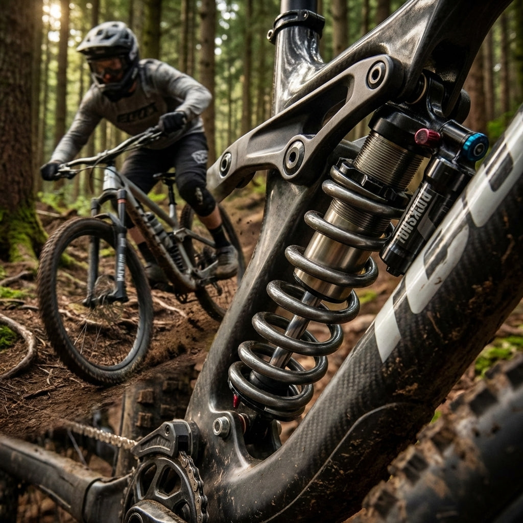 Nahaufnahme Rockshox Deluxe Select Plus B2 Hinterbaudämpfer an Mountainbike auf Waldweg.