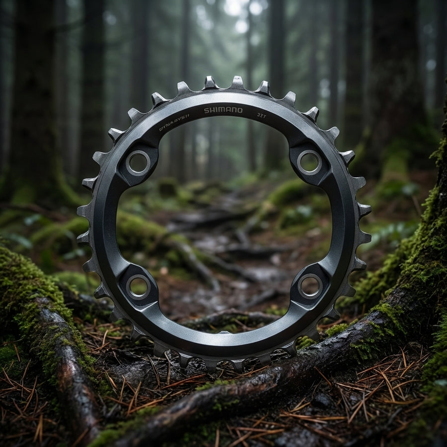 SHIMANO SLX FC-M7000-11 30Z Kettenblatt, auf moosigen Wurzeln im Wald, für effizienten 11-fach MTB-Antrieb.