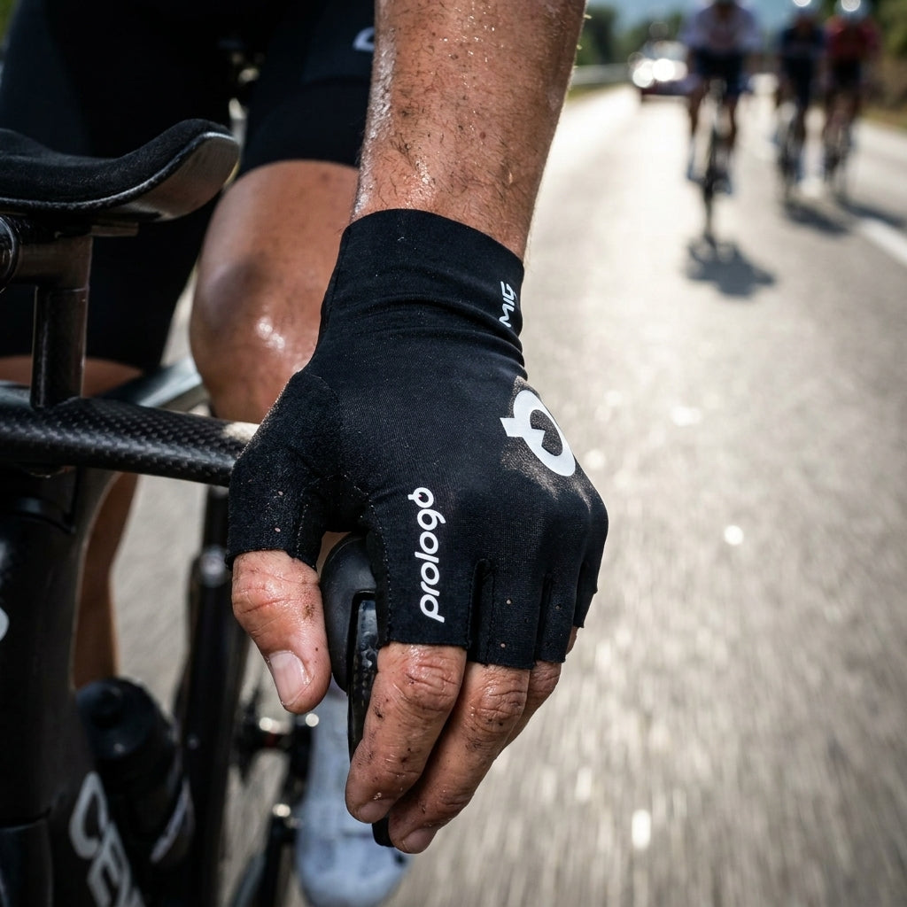 Nahaufnahme: Prologo Mig Kurzfingerhandschuh schwarz Gr L an verschwitzter Hand eines Radfahrers auf dem Rennrad.