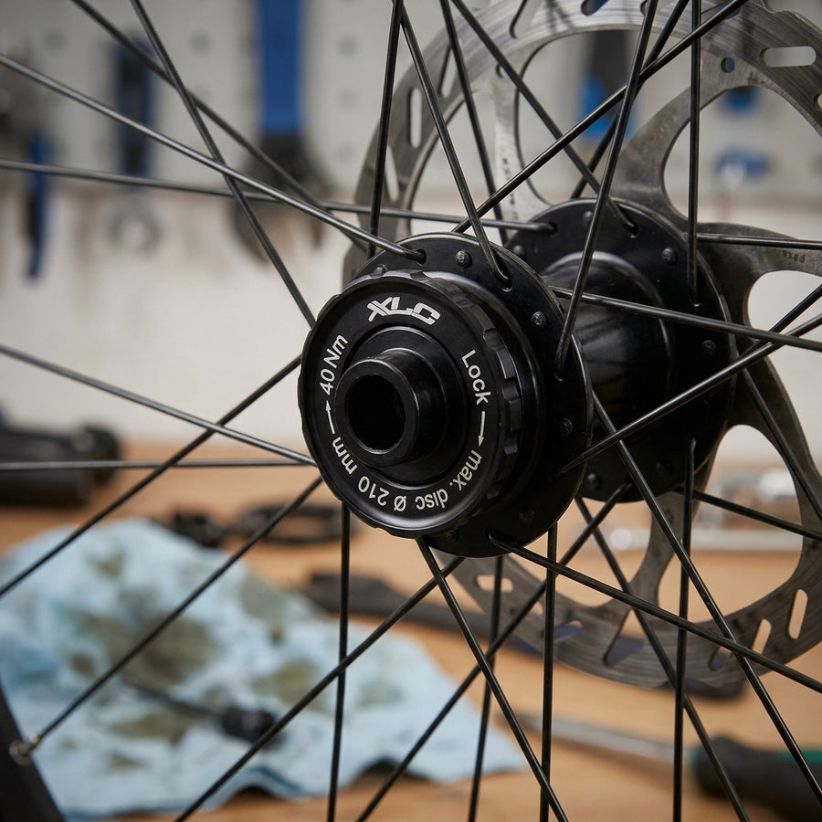 XLC Lockring für Fahrrad-Scheibenbremse an Nabe mit Steckachse, beschriftet mit 40 Nm und max. Disc Ø 210 mm.