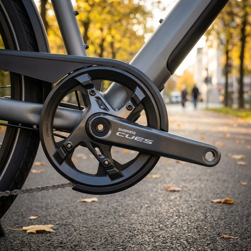 SHIMANO CUES FC-U6000 Kurbelgarnitur 175mm 11-fach am grauen Fahrrad auf herbstlichem Asphaltweg.