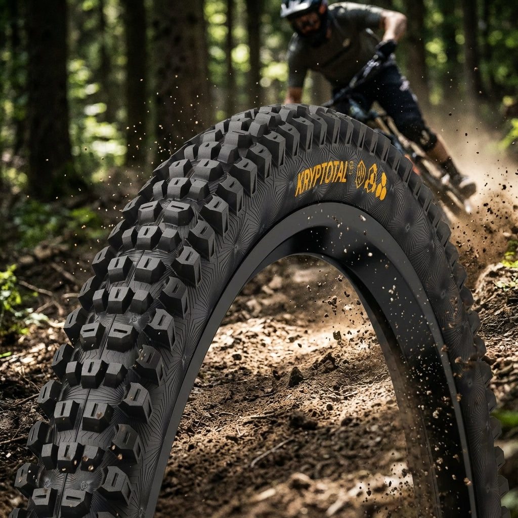 Continental Kryptotal-F Trail 27.5x2.40 schwarzer Mountainbike-Reifen auf Erdweg mit Biker im Hintergrund.