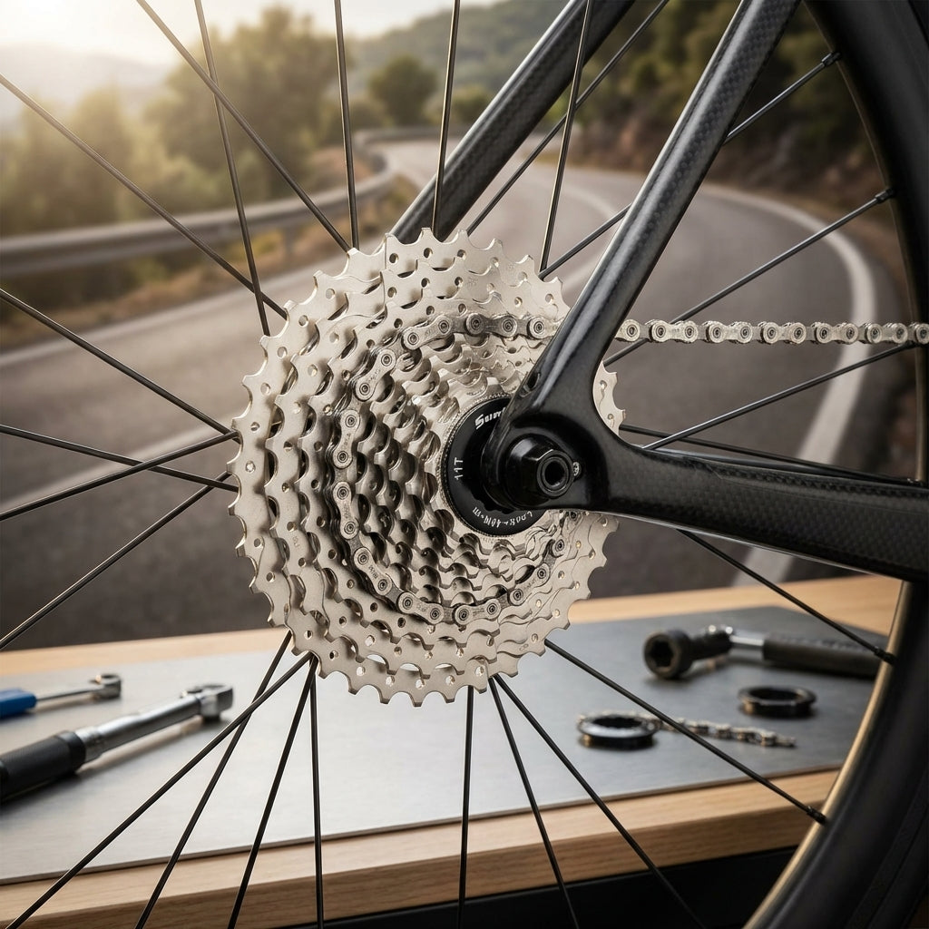SunRace CSRS1 10s Kassette 11-28z mit Stahlspider am Rennrad-Hinterrad, Sram/Shimano kompatibel.