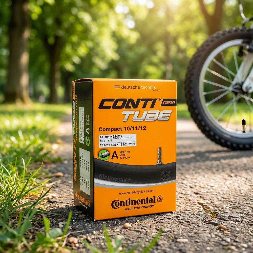 Continental Conti Tube Compact Fahrradschlauch AV 34mm für 10-12 Zoll Räder, auf einem Weg im Freien.