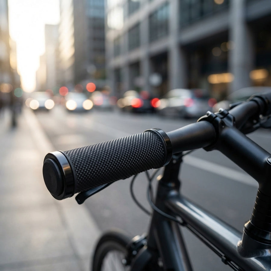 Ergotec Lenkergriffe Bilbao RSK-09/2 schwarz/schwarz am Fahrradlenker in der Stadt.