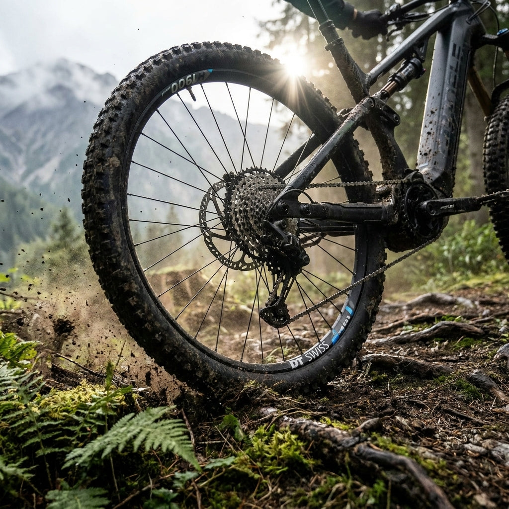 DT Swiss H 1900 SPLINE 27,5" eMTB-Hinterrad, robust im Schlamm auf einem Trail mit Bergkulisse.